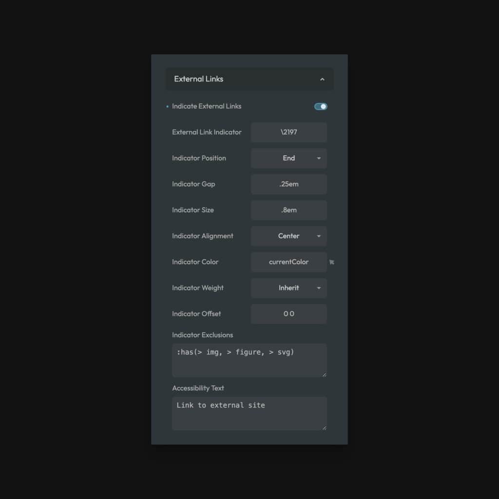 Panel for customizing external link indicators