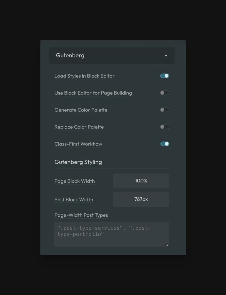 The panel with Gutenberg-related options in the AutomaticCSS dashboard