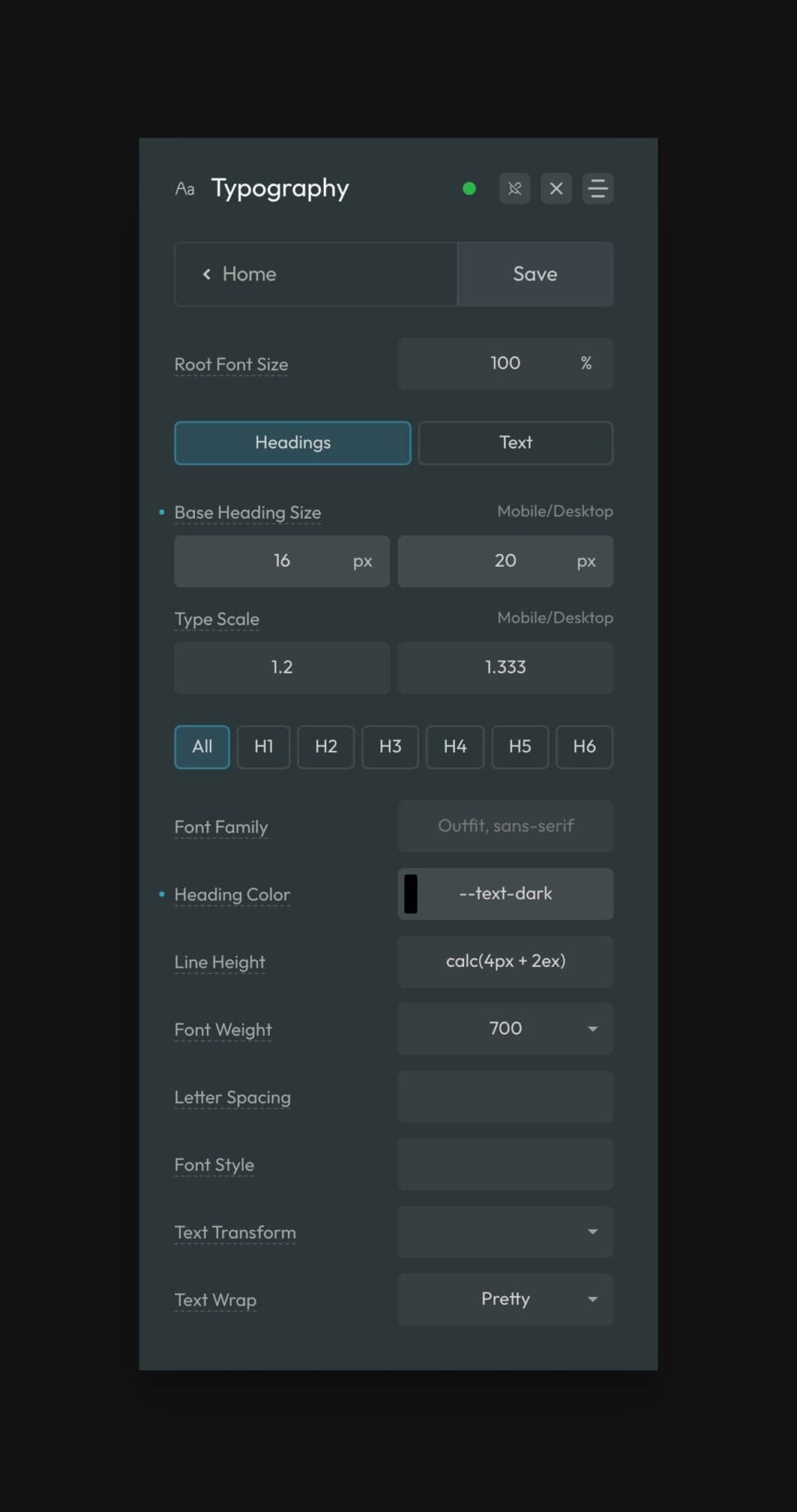 The default Typography settings for Headings in the AutomaticCSS dashboard